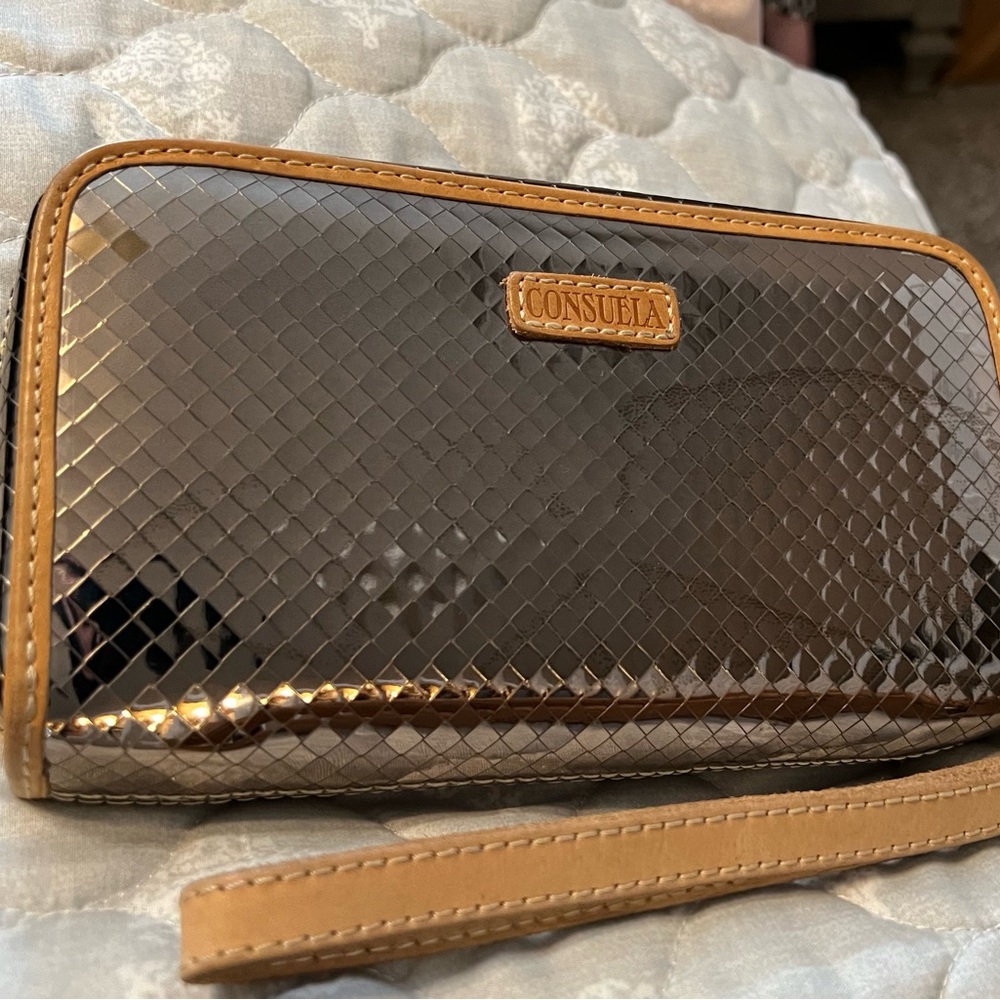 Consuela Shimmering Silver/Mirror and Tan Wristlet. Kyle wallet